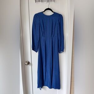 Cefinn “Selma” Blue Circle Geo Silk Blend Midi Dress in Cornflower Blue